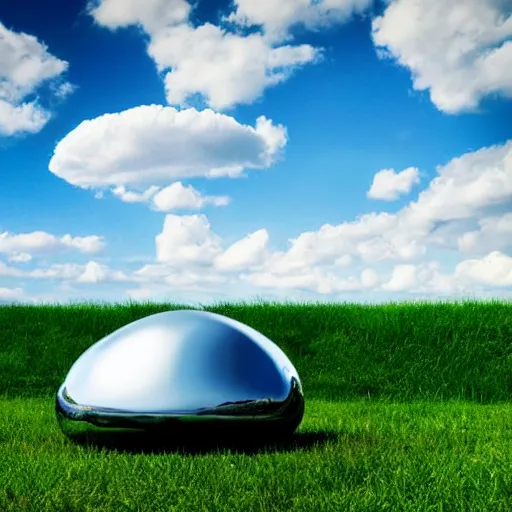 Image similar to a realistic chrome ufo landed on a field, green hills, summer day, beautiful, blue skies