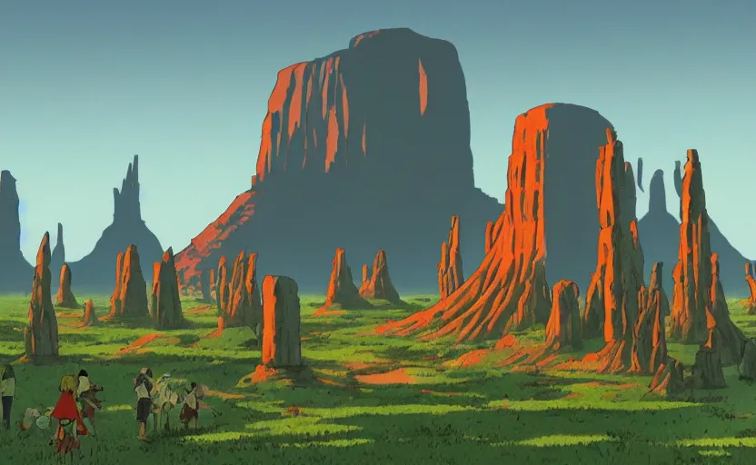 Image similar to a cell - shaded studio ghibli concept art from paprika ( 2 0 0 6 ) of a multi - colored spaceship from close encounters of the third kind ( 1 9 7 7 ) in a lush temple that looks like monument valley stonehenge jungle. a caravan is in the foreground. very dull colors, portal, hd, 4 k, hq