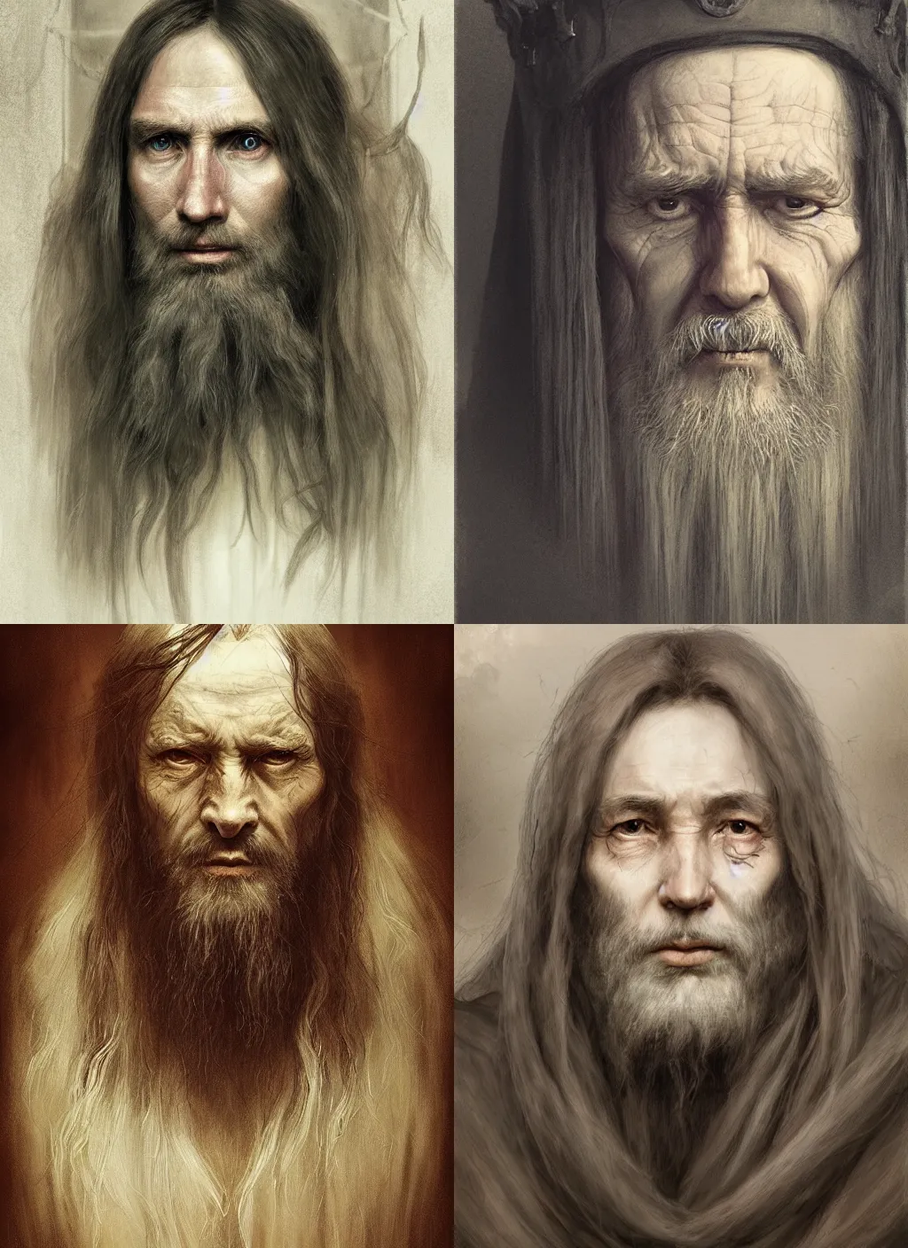 Image similar to portrait of a gentle and wise king with long hairs in alan lee and marc simonetti and emil melmoth style , cinematic lighting