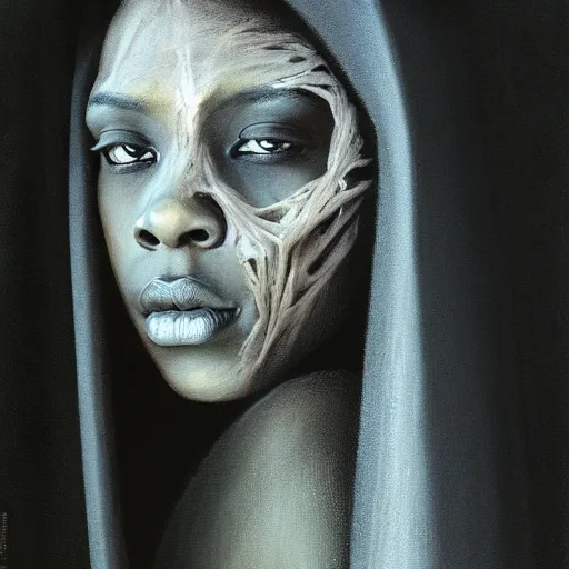 Image similar to a portrait of a young black woman wearing a long dark cloak, hood and shadows covering face, anatomically correct, beautiful perfect face, enigmatic, oil painting, matte painting, black background, Volumetric dynamic lighting, Highly Detailed, Cinematic Lighting, Unreal Engine, 8k, HD, by Beksinski