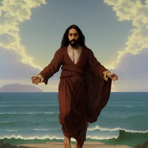 Image similar to a detailed illuminated manuscript of a ridiculously good looking jesus that looks like a jewish gigachad, long curly hair, elegant ancient greek dress, very detailed, coast as the background, beautiful, intricate, cinematic, artstation, william bouguereau, alphonse mucha, greg rutkowski, rossdraws, octane render