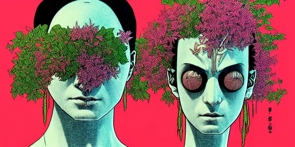 Image similar to risograph grainy drawing futuristic sci - fi antagonist face wearing earrings, photorealistic colors, face covered with plants and flowers, by moebius and satoshi kon and dirk dzimirsky close - up portrait, hyperrealistic