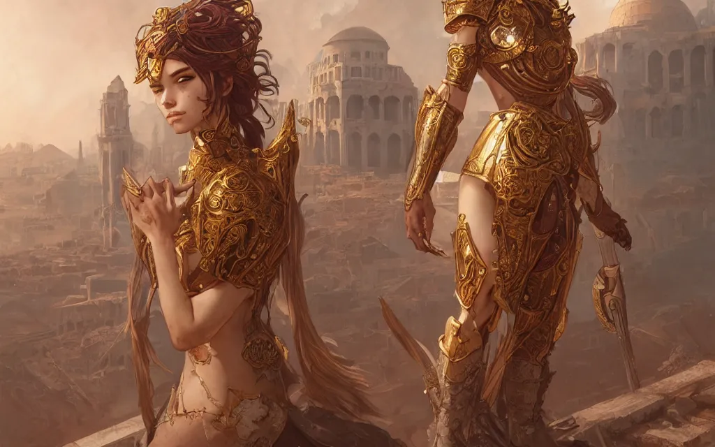 Image similar to portrait knights of zodiac girl, rose golden color armor, in ruined agora of athens, ssci - fi and fantasy, intricate and very very beautiful and elegant, highly detailed, digital painting, artstation, concept art, frostbite engine, smooth and sharp focus, illustration, art by tian zi and wlop and alphonse mucha