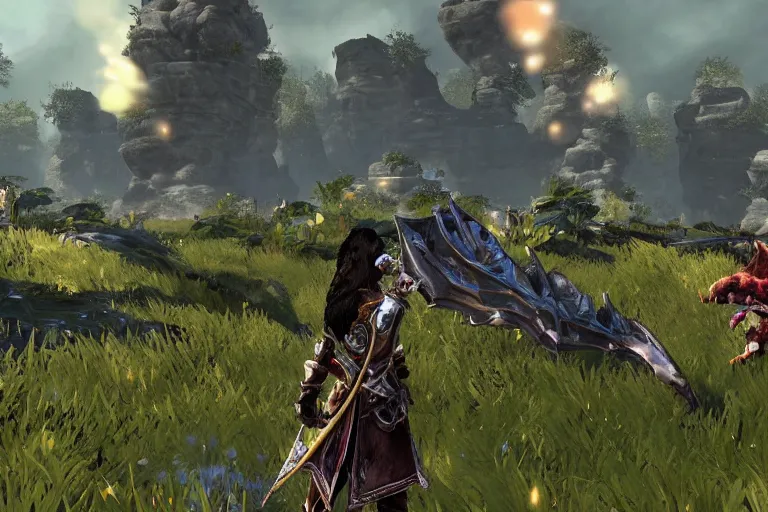 Image similar to Mario in the world of Guild Wars 2, game graphics, highly detailed