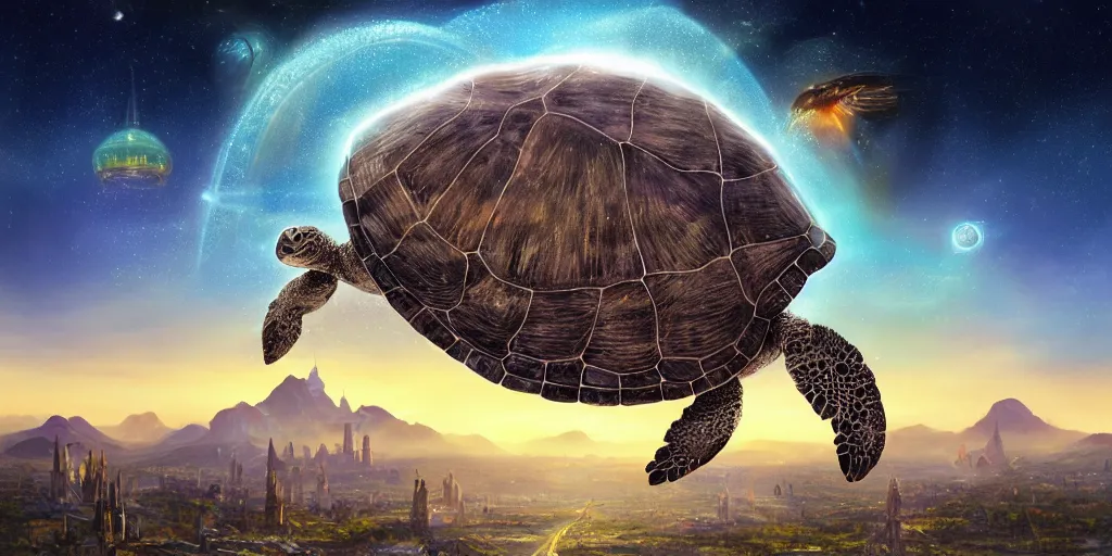 Prompt: a spiritual, Magical Portal Gateway, highly detailed, beautiful giant flying Turtle carrying a Gleaming Sci-Fi City on turtle's back, hovering over spectacular mountains, bright clouds, luminous stellar sky, outer worlds, inspiring birds eye vista view, photorealistic, Vivarium, Theophanic atmosphere, Realistic, Refined, photo realistic surrealist painting realistic detailed digital art, Jessica Rossier, Christian Dimitrov, Michael Cheval, Digital Art, Highly Detailed, Oil digital painting, matte painting, William-Adolphe Bouguereau, Walt Disney (1937), Hieronymus Bosch, Oil Painting, Steampunk, magical atmosphere, Volumetric Golden dappled dynamic lighting, Cinematic Lighting, Artstation, CGSociety, Unreal Engine, octane render, vray, trending on artstation, 30mm, by Noah Bradley trending on ArtStation, deviantart, high detail, stylized portrait