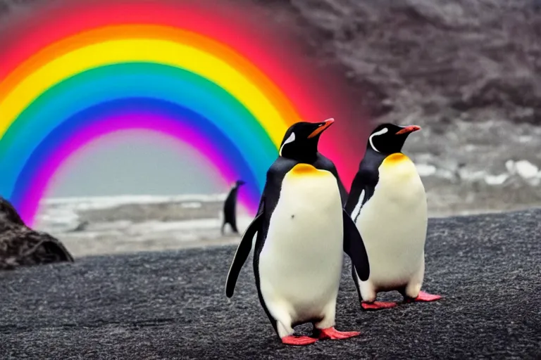 Image similar to a cinematic photo of a penguin, rainbow, lemonade, masterpiece