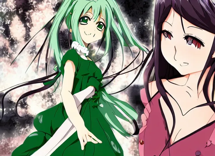 Prompt: in the style of Madhouse anime, female is beautiful green dress, elegant pose, fire circling her