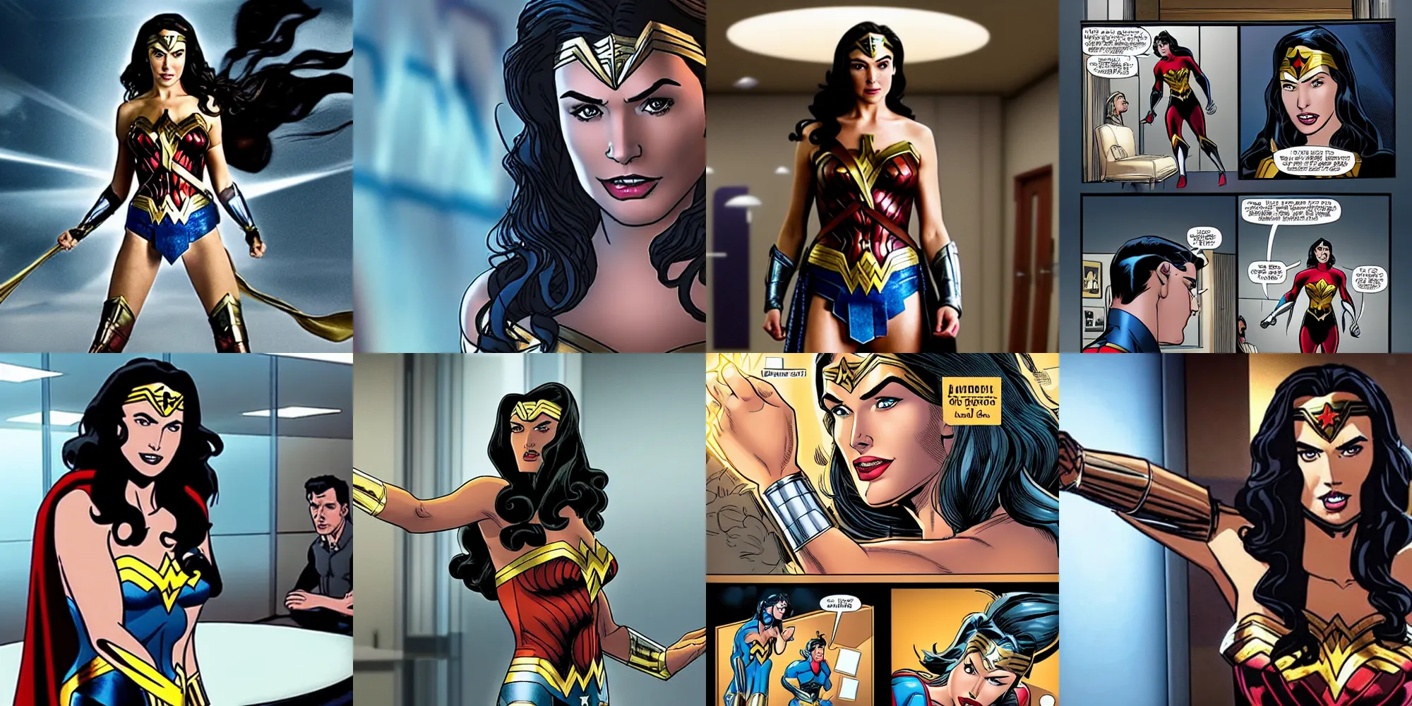 Prompt: wonder woman dramatically enters the meeting room of justice league headquarters