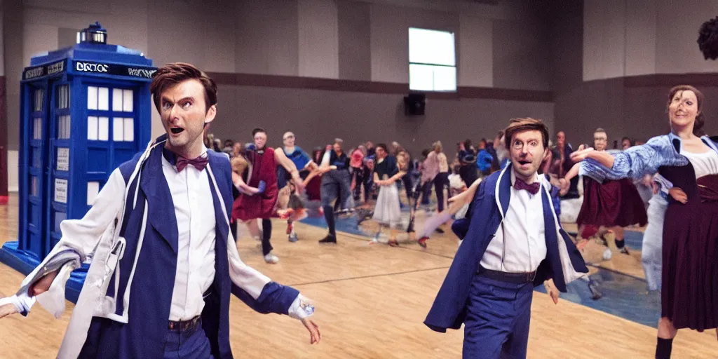 Prompt: promotional image of David Tennant as Doctor Who at a polka dancing contest at the YMCA basketball gym, everyone in the background all the enemies are clapping, in the background the Tardis door is wide open, movie still, promotional image, imax 70 mm footage, HDR, cinematic