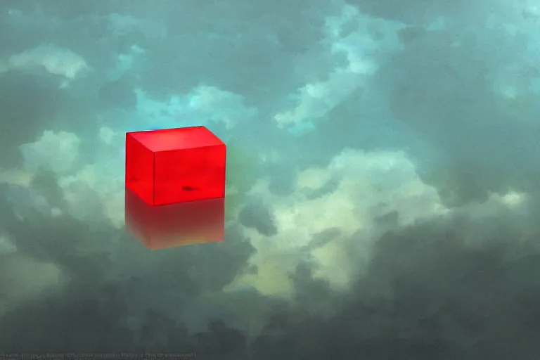 Prompt: a translucent luminous cube floating in red water under a teal cloudy sky by magritte and yoji shinkawa, hyper detailed, masterpiece 4 k