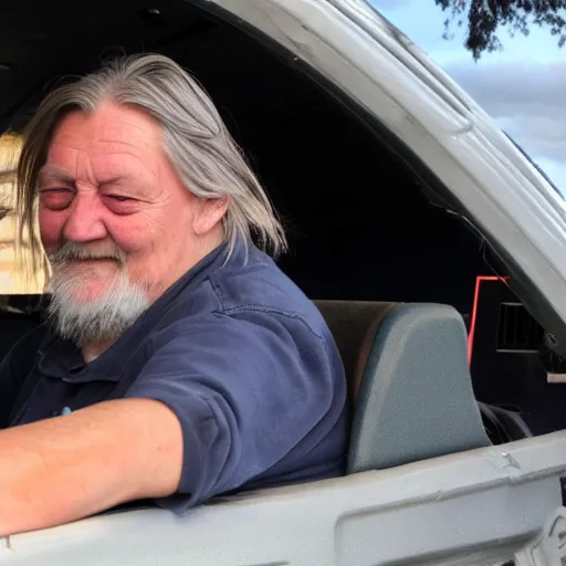 Prompt: robert wyatt sitting in the driver's seat of a large truck with leds under the vehicle