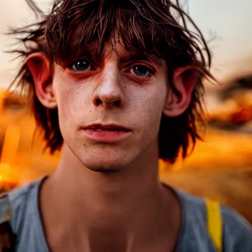 Image similar to close up headshot of a swiss young adult as a skinny high-fantasy elf with a long face narrow chin and spiky blonde hair wearing dark brown overalls and holding a bomb next to a destroyed car, high resolution film still, HDR color