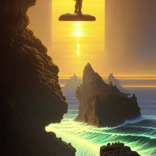 Image similar to tron yoda in front sunset, cliffside ocean scene, backlit, diffuse lighting, hyper realistic, elegant, intricate, hyper detailed, smooth, sharp focus, concept art, illustration, trending on artstation, art by artem demura, greg rutkowski, james gurney, and alphonse mucha