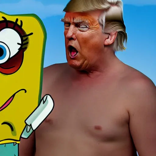 Image similar to Donald Trump in SpongeBob SquarePants body, hyper realistic photography, 8k,