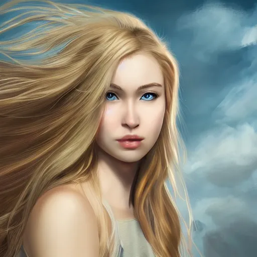 Prompt: A portrait of an attractive young female wind angel, beautiful long wild blond hair, clouds in the back, intricate, highly detailed, elegant, digital painting, trending on artstation