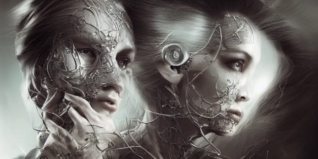 Image similar to hyper realistic photography of a stunningly beautiful cyborg female, elbow, thy, intimate, holding close, reflective chrome in the style of beth cavener, jin kagetsu,, and wlop, highly detailed, intricate filigree,, masterpiece, award winning, sharp focus, concept art, ringflash lighting, ambient lighting, octane render, 8 k, artstation