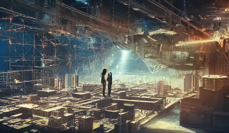 Image similar to group of people in simple warehouse, looking at hologram of futuristic city on a table, cinematic concept art, godrays, golden hour, natural sunlight, 4 k, clear details, tabletop model buildings, center model buildings, hologram center, crane shot, crane shot, crane shot