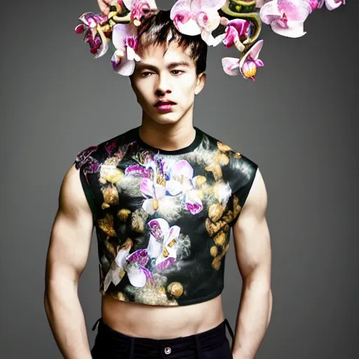 Image similar to a portrait of a beautiful young male wearing an alexander mcqueen croptop made of orchids , photographed by andrew thomas huang, artistic