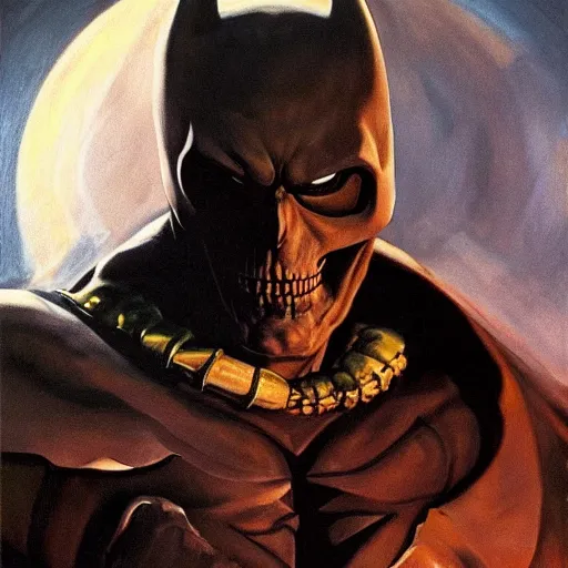 Image similar to ultra realistic portrait painting of skeletor as batman, art by frank frazetta, 4 k, ultra realistic, highly detailed, epic lighting