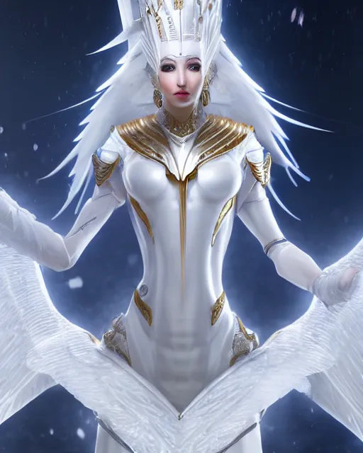 Image similar to perfect white haired egyptian goddess wearing white dove wings, warframe armor, regal, attractive, ornate, sultry, beautiful, ice queen, half asian, pretty face, blue eyes, detailed, scifi platform, 4 k, ultra realistic, epic lighting, android body, illuminated, cinematic, masterpiece, art by akihito tsukushi, voidstar