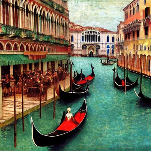 Image similar to venetian gondolas in the style of vrubel