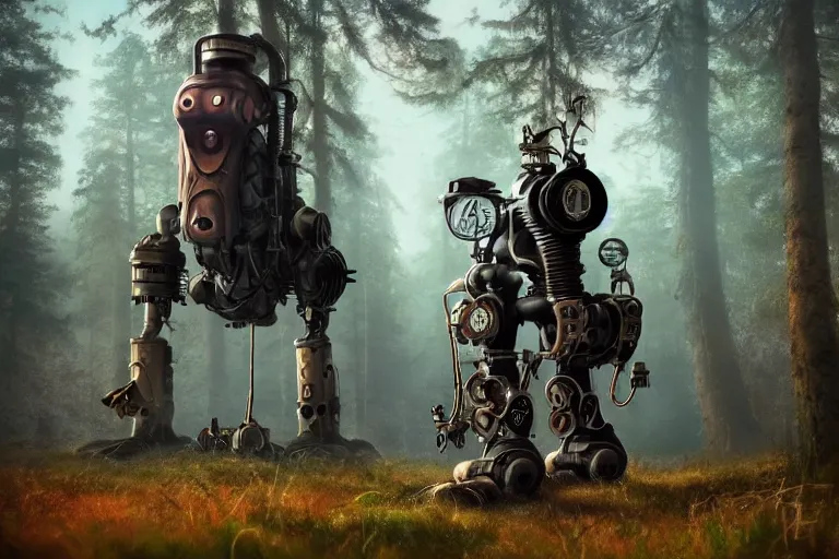 Prompt: steampunk mech standing in a swedish forest, very low angle photograph, very detailed, trending on artstation, realistic, soft colors, simon stålenhag