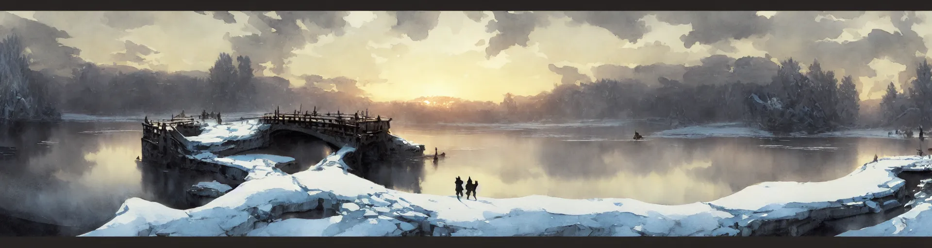 Prompt: panorama gouache watercolor of frozen lake, stone bridge, art by anders zorn, wonderful masterpiece by greg rutkowski, beautiful cinematic light, american romanticism by greg manchess and ghibli studio, creation by tyler edlin