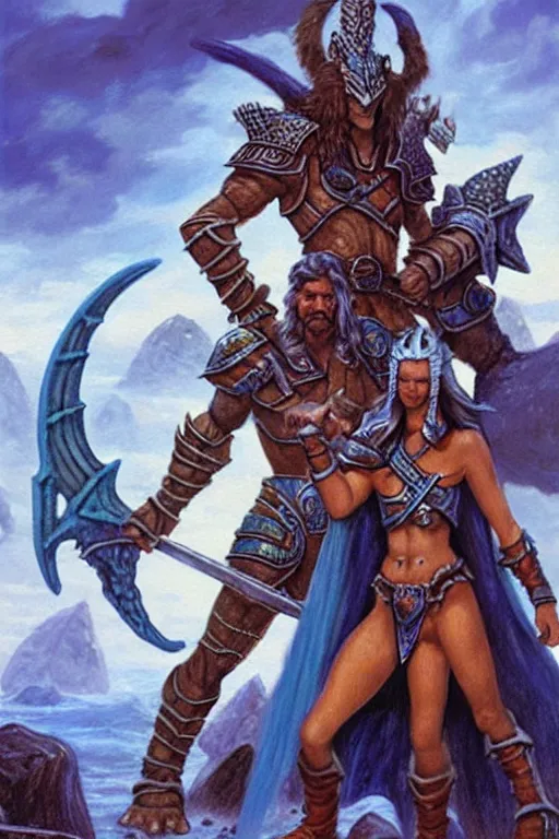 Image similar to a small blue-skinned triton girl wearing scale armor riding on a the shoulders of a large male goliath wearing fur and leather armor, dnd concept art, painting by Jeff Easley