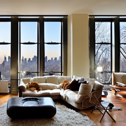 Prompt: overlooking central park in a blizzard from a modern loft at midnight, designed by peter bowden, woman gazing outward at night with a beagle sleeping next to her, warm interiors, cold snow outside, large glass windows, fire place roaring, bear rug, art on walls