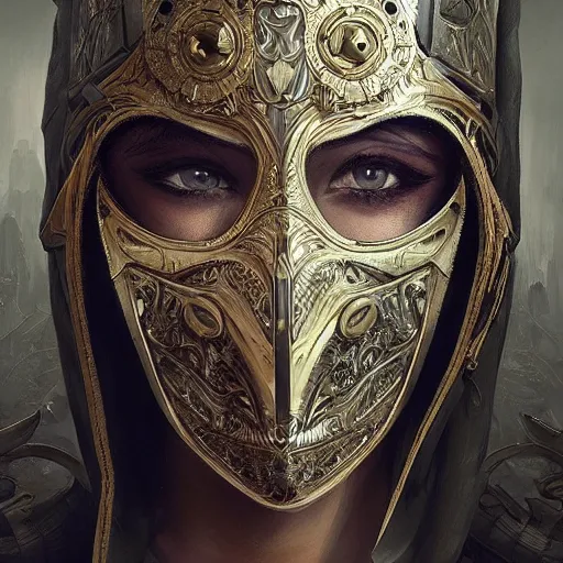Image similar to Very very very very highly detailed epic photo of face with venetian mask, intricate, dystopian, sci-fi, extremely detailed, digital painting, artstation, concept art, smooth, sharp focus, illustration, intimidating lighting, incredible art by Artgerm