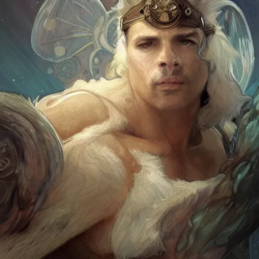 Image similar to portrait of rugged baby harp seal, greek god d & d, muscular, fantasy, intricate, elegant, highly detailed, digital painting, artstation, concept art, smooth, sharp focus, illustration, art by artgerm and greg rutkowski and alphonse mucha