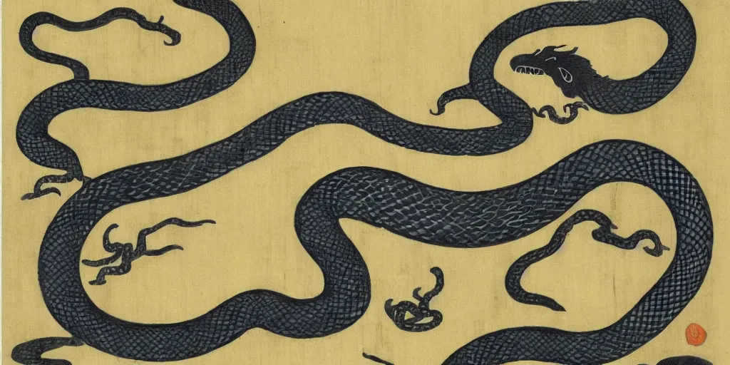 Prompt: japanese woodblock style painting of a snake dragon