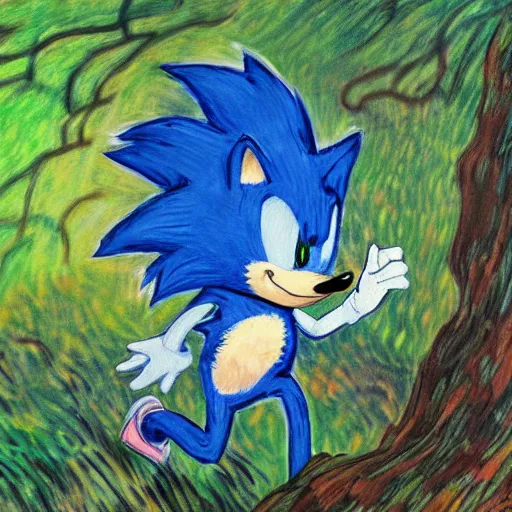 Image similar to sad painting of detailed realistic sonic the hedgehog in the woods at night, in the style of studio ghibli and moebius and claude monet and edward hopper and vincent van gogh