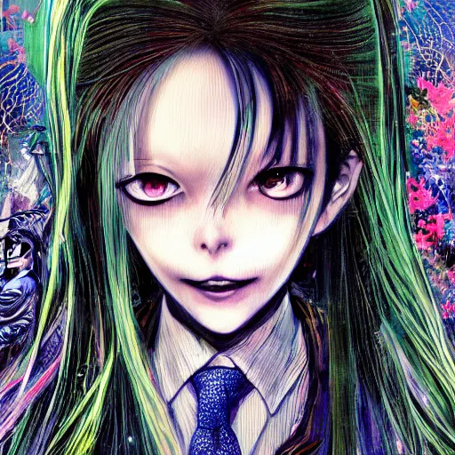 Image similar to yoshitaka amano realistic illustration of a sinister anime girl with big eyes and long wavy blue hair wearing dress suit with tie and surrounded by abstract junji ito style patterns in the background, blurred and dreamy illustration, noisy film grain effect, highly detailed, oil painting with expressive brush strokes, weird portrait angle