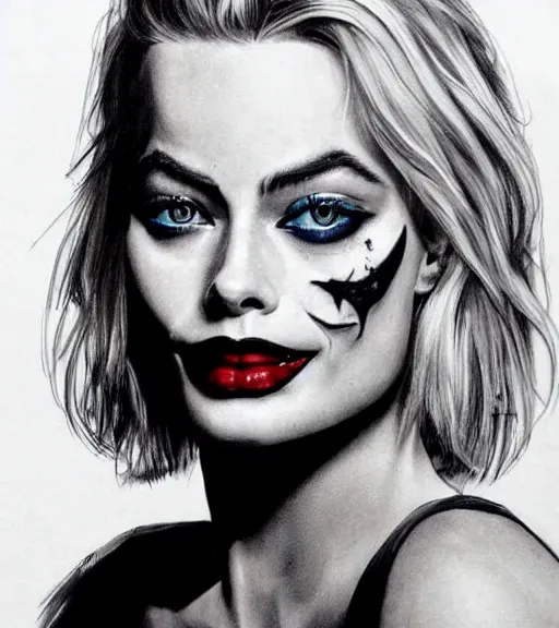 Image similar to tattoo design sketch of beautiful margot robbie portrait with joker makeup, in the style of den yakovlev, realistic face, black and white, realism tattoo, hyper realistic, highly detailed