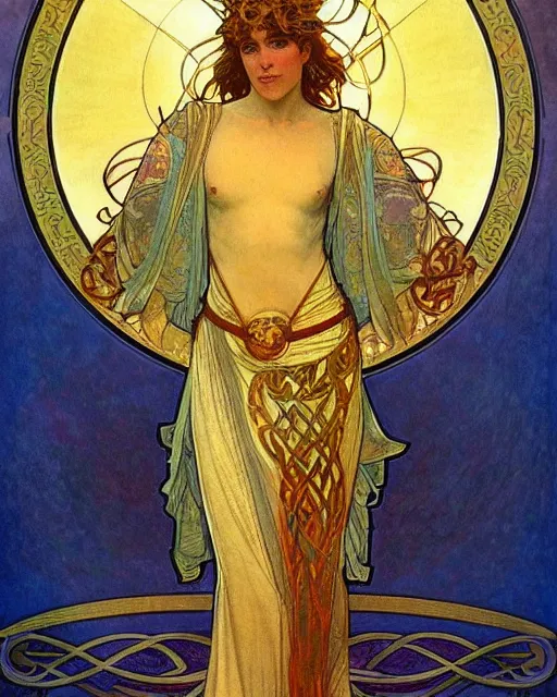 Image similar to an art nouveau painting of a the celtic god lugh, beautiful, shining sun, highly detailed, intricate, artstation, by alphonse mucha and james gurney