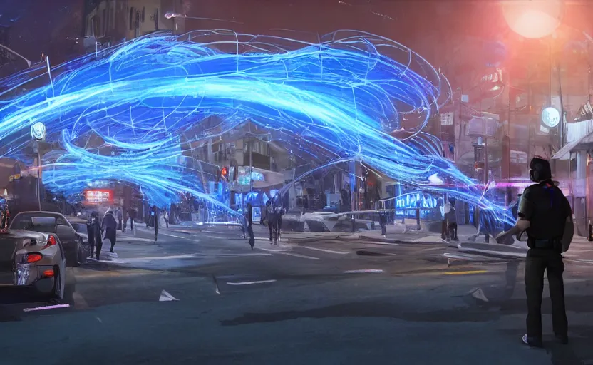 Image similar to people with posters attacking cops in front a huge blue spiral - shaped bright white luminous attractor that is floating and stores in los angeles with light screens all over the street, concept art, art for the game, professional lighting, night lighting from streetlights