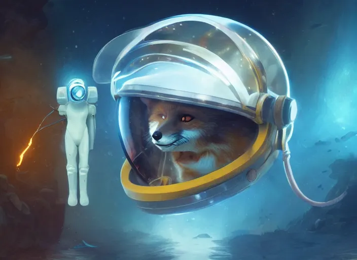 Prompt: An anthropomorphic fox as a retrofuturistic astronaut, helmet with led lights, underwater in the ocean at night, clear water, volumetric lighting, glowing lights, 4k, octane, digital painting, artstation, concept art, cinematic film, sharp focus, illustration, art by artgerm and greg rutkowski and alphonse mucha , wide angle view,