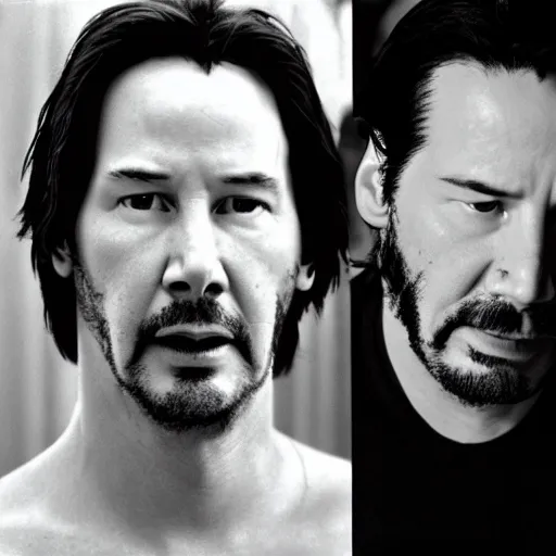 Prompt: a photograph of keanu reeves looking in the mirror but seeing homer simpson looking back