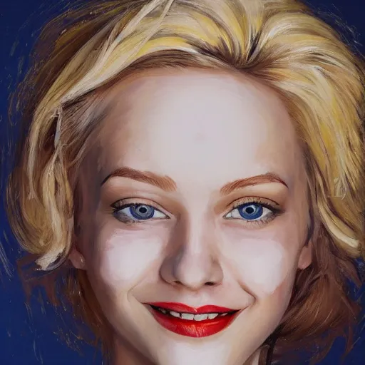 Prompt: portrait painting of woman from scandinavia, 2 0, years old, blonde hair, daz, occlusion, smiling and looking directly, brushstrokes, white background, art by enki bilal