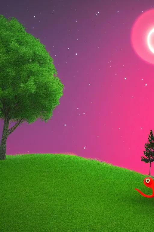 Prompt: a bright red creature near a tree on a hill at night, 4 k