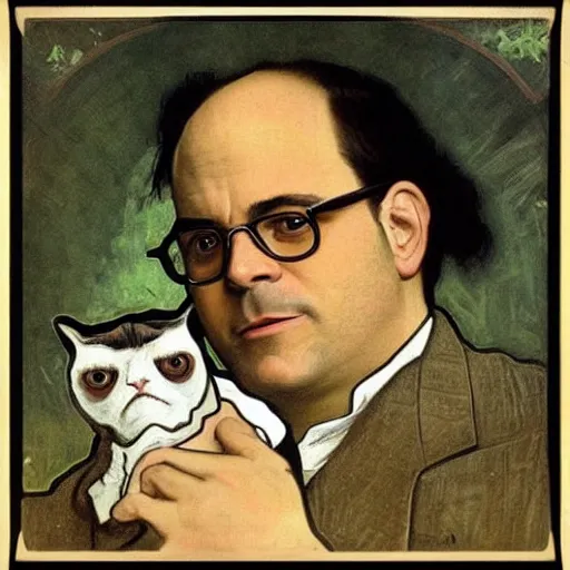 Image similar to “ portrait of george costanza from seinfeld holding grumpy cat, by alphonse mucha ”