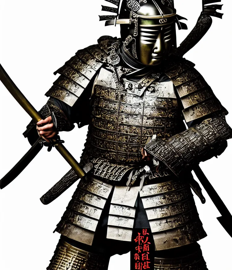 Image similar to detailed photorealistic ancient japanese samurai warrior soldier ⚔ 🪖 ⛩ with traditional japanese engravings and ornamentation on armour and weapons, and shining metallic 3 d surfaces, japanese calligraphy, wide angle, 3 d
