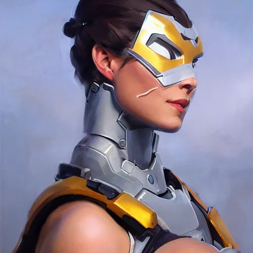 Image similar to greg manchess portrait painting of a female ironman as overwatch character, medium shot, asymmetrical, profile picture, organic painting, sunny day, matte painting, bold shapes, hard edges, street art, trending on artstation, by huang guangjian, gil elvgren, ruan jia, greg rutkowski, gaston bussiere