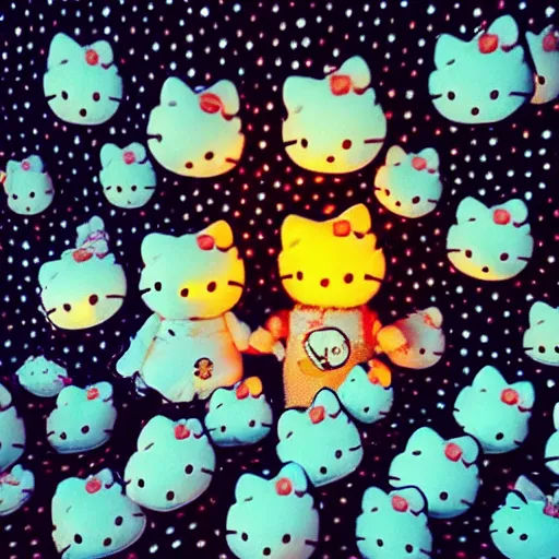 Image similar to “burning flaming hello kitty plush doll falling from the night sky, explosion burning glowing particles everywhere raining down from dark black sky into a dark cornfield. Flash photo.”