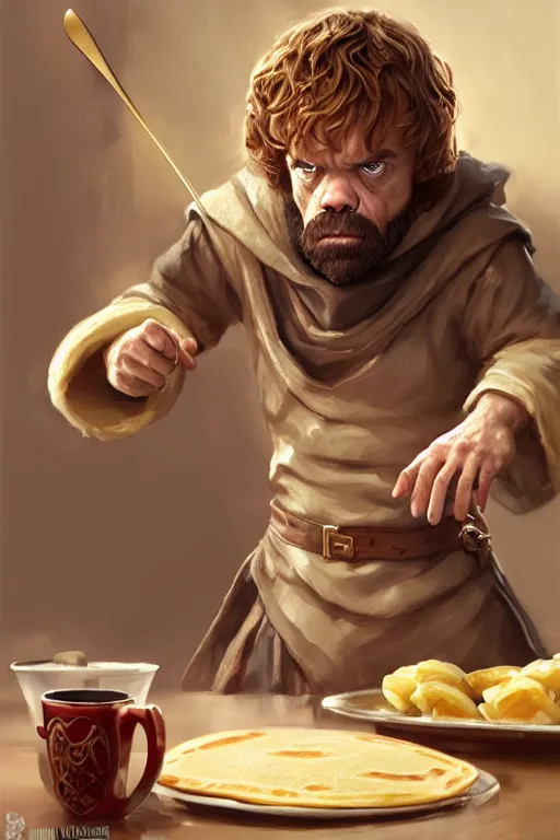 Image similar to tyrion lannister making pancakes animation pixar style, by magali villeneuve, artgerm, jeremy lipkin and michael garmash, rob rey and kentaro miura style, golden ratio, trending on art station