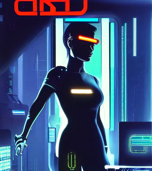 Image similar to cable inserted into head, jacked into cyberdeck wrist terminal, very very beautiful cyberpunk woman, computer, 1 9 7 9 omni magazine cover, style by vincent di fate, cyberpunk 2 0 7 7, very coherent, detailed, 4 k resolution, unreal engine, daz