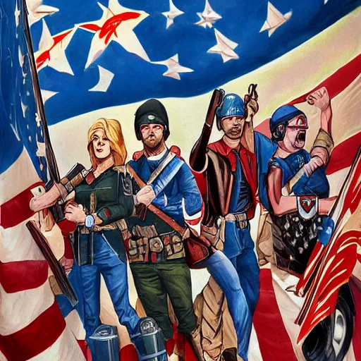 Prompt: the last band of heroes fighting for justice and for liberty, for freedom and the flag, illustration, digital art, highly detailed, photorealistic, by mark brooks