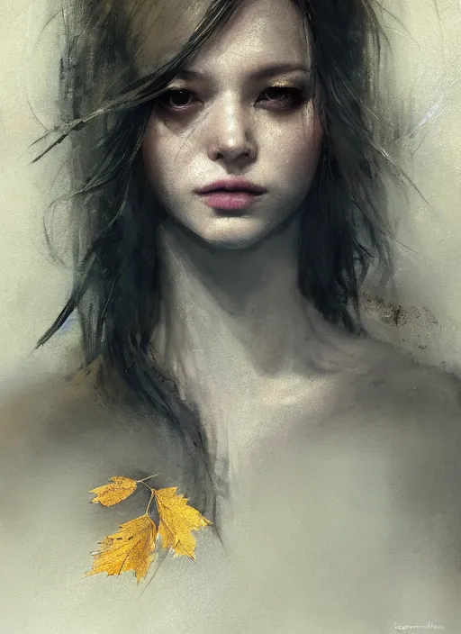 Prompt: golden leaves at frame border, creative composition for a book cover, moon, beautiful portrait painting by jeremy mann, a female witch absurdly beautiful, ultrafine hyperrealistic detailed face by wlop and artgerm and greg rutkowski, intricate linework, sharp focus, smooth, octopath traveler, final fantasy, unreal engine, dramatic lighting, ethereal, 8 k