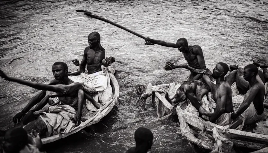 Image similar to movie still by djibril diop mambety of a man in a barque made of flesh on a blood river, leica sl 2, heavy grain, high quality, high detail, color